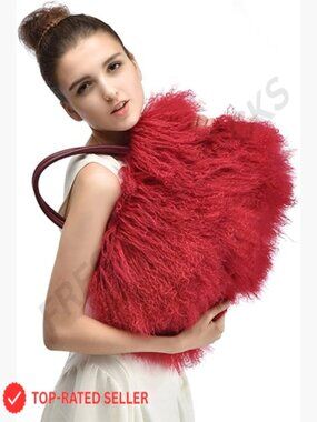 Real Mongolian Lamb Fur Handbag with Genuine Leather Handles Tote Hobo Fluffy